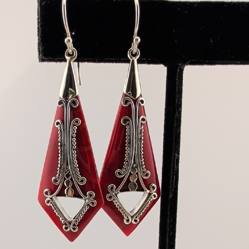 Coral And Sterling Silver Filigree Dangle Drop Earrings - Picture 3 of 6